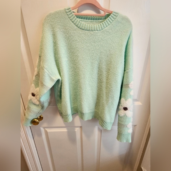 🌈Mint Green Daisy Sleeve Sweater | Super Soft Fuzzy Knit | Cozy Spring Style - Picture 3 of 12